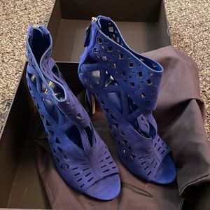 Brian Atwood Blue Suede Levens Laser Cut Heels 9.5